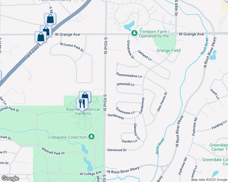 map of restaurants, bars, coffee shops, grocery stores, and more near 8851 Greenhill Lane in Greendale