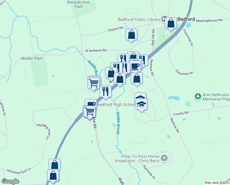 map of restaurants, bars, coffee shops, grocery stores, and more near 196 State Route 101 in Bedford