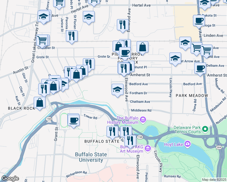 map of restaurants, bars, coffee shops, grocery stores, and more near 46 Elmview Place in Buffalo