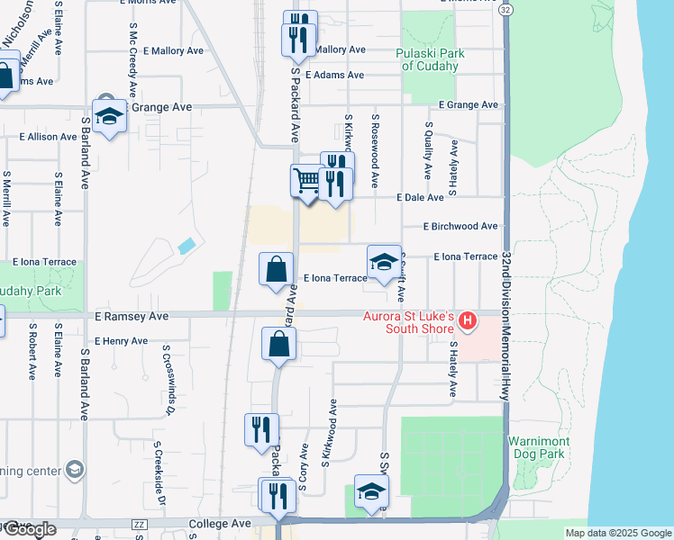 map of restaurants, bars, coffee shops, grocery stores, and more near 3666A East Iona Terrace in Cudahy