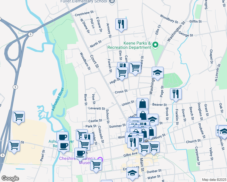 map of restaurants, bars, coffee shops, grocery stores, and more near 183 Court Street in Keene