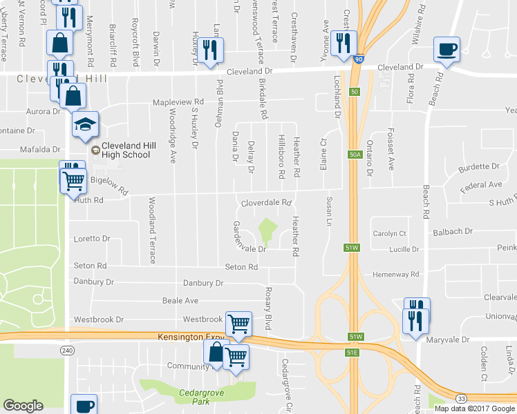 map of restaurants, bars, coffee shops, grocery stores, and more near 31 Cloverdale Road in Buffalo