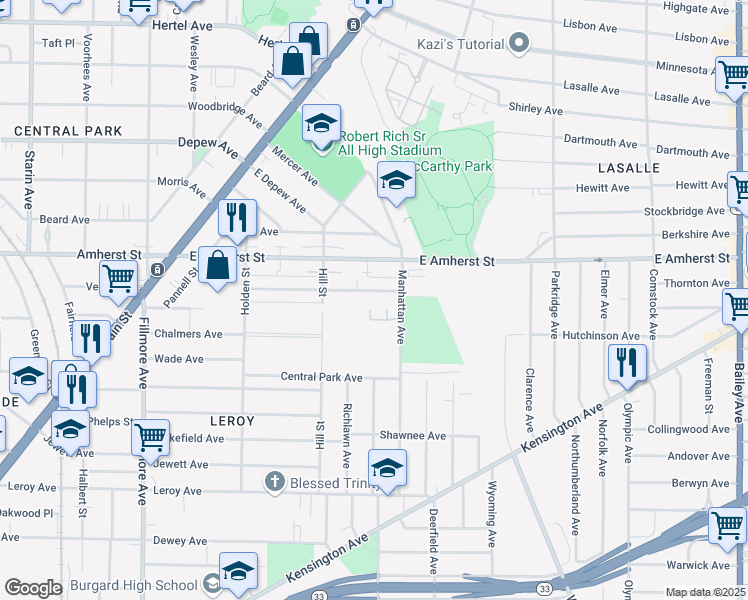 map of restaurants, bars, coffee shops, grocery stores, and more near 145 Bennett Village Terrace in Buffalo