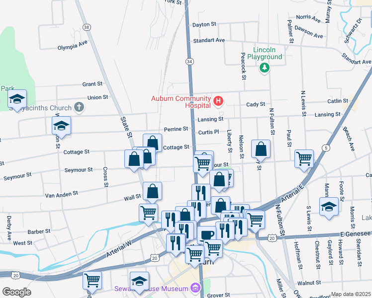 map of restaurants, bars, coffee shops, grocery stores, and more near 4 Cottage Street in Auburn