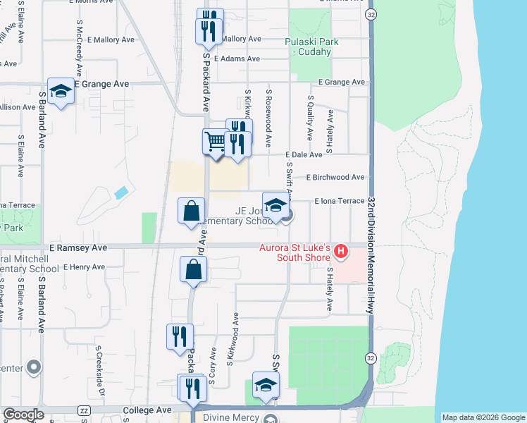 map of restaurants, bars, coffee shops, grocery stores, and more near 3726 East Iona Terrace in Cudahy