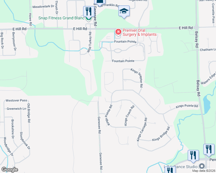 map of restaurants, bars, coffee shops, grocery stores, and more near 6231 Kings Shire Road in Grand Blanc
