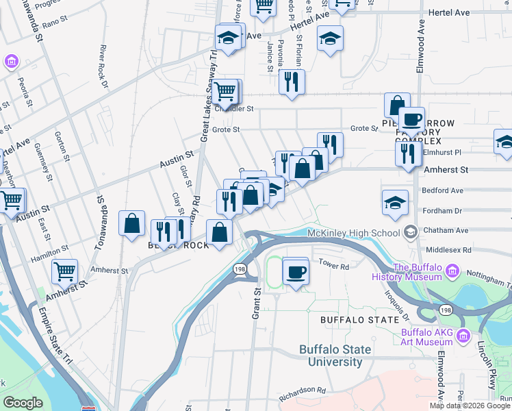 map of restaurants, bars, coffee shops, grocery stores, and more near 442 Amherst Street in Buffalo