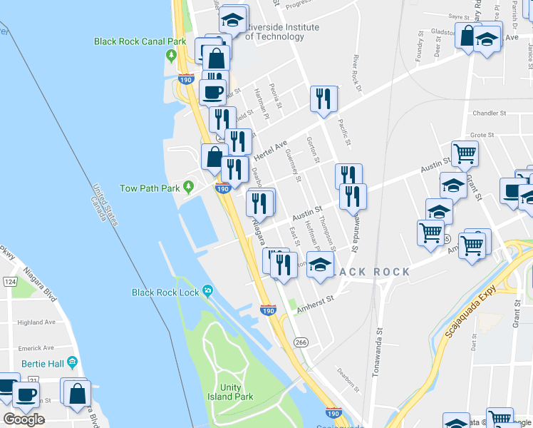 map of restaurants, bars, coffee shops, grocery stores, and more near 362 Dearborn Street in Buffalo