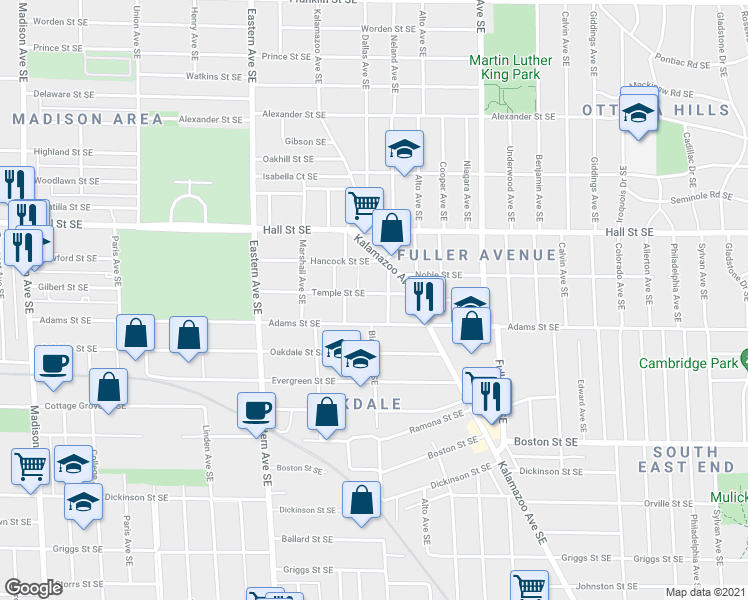 map of restaurants, bars, coffee shops, grocery stores, and more near 1016 Temple Street Southeast in Grand Rapids