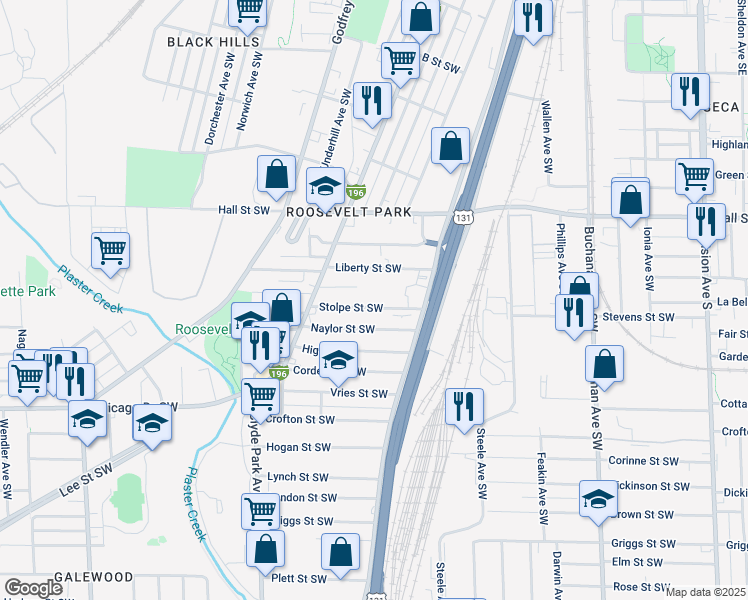 map of restaurants, bars, coffee shops, grocery stores, and more near 555 Stolpe St SW in Grand Rapids