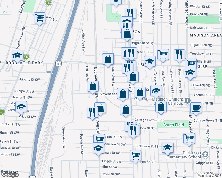 map of restaurants, bars, coffee shops, grocery stores, and more near 1318 Ionia Avenue Southwest in Grand Rapids