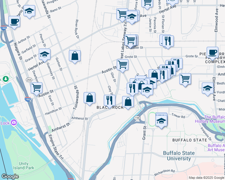 map of restaurants, bars, coffee shops, grocery stores, and more near 37 Clay Street in Buffalo