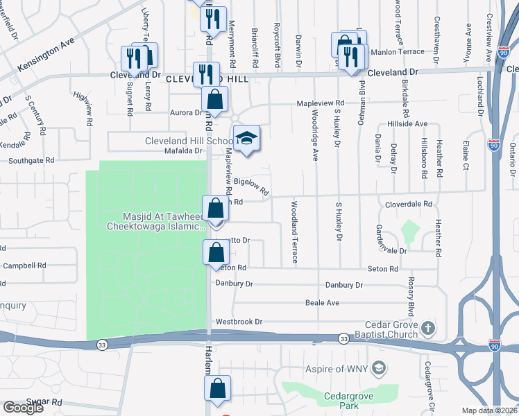 map of restaurants, bars, coffee shops, grocery stores, and more near 65 Huth Road in Cheektowaga