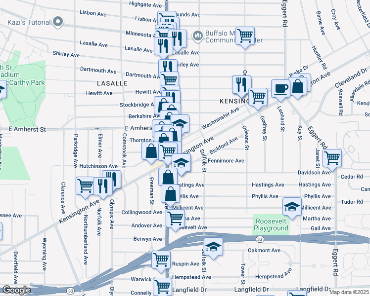 map of restaurants, bars, coffee shops, grocery stores, and more near 1180 Kensington Avenue in Buffalo