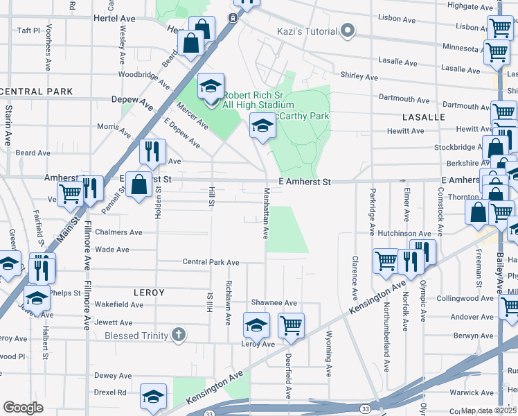 map of restaurants, bars, coffee shops, grocery stores, and more near 235 Manhattan Avenue in Buffalo
