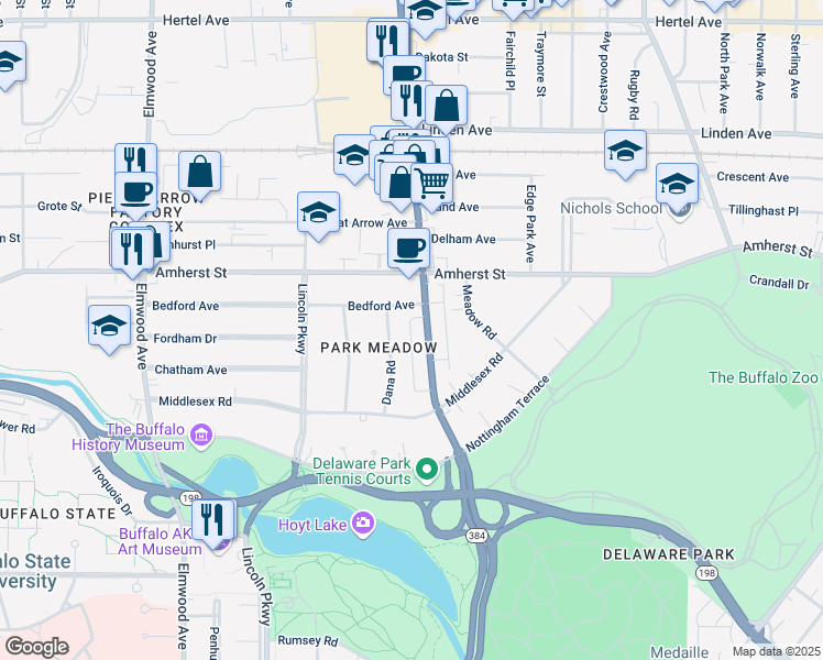 map of restaurants, bars, coffee shops, grocery stores, and more near 89 Dana Road in Buffalo