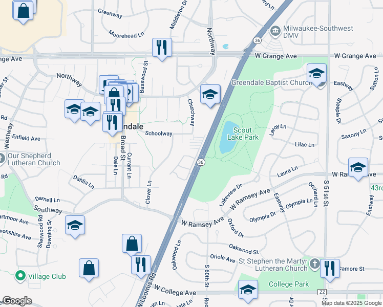 map of restaurants, bars, coffee shops, grocery stores, and more near 5940 West Loomis Road in Greendale