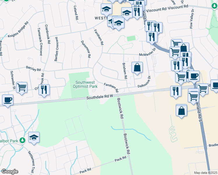 map of restaurants, bars, coffee shops, grocery stores, and more near 1003 Farnham Road in London