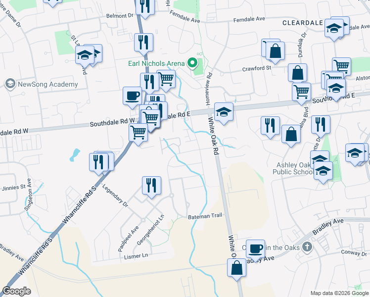 map of restaurants, bars, coffee shops, grocery stores, and more near 2591 Bateman Trail in London