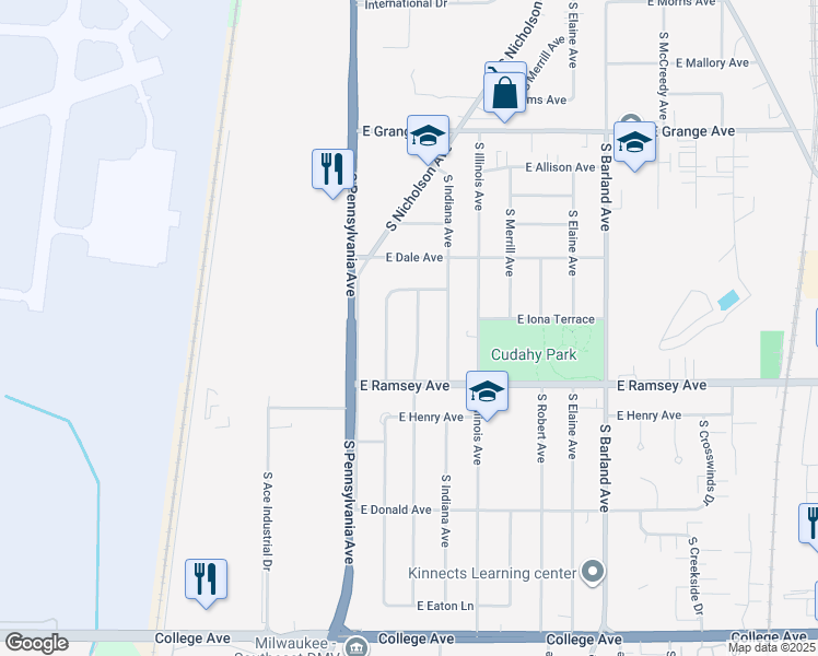 map of restaurants, bars, coffee shops, grocery stores, and more near 5813A South Delaware Avenue in Cudahy