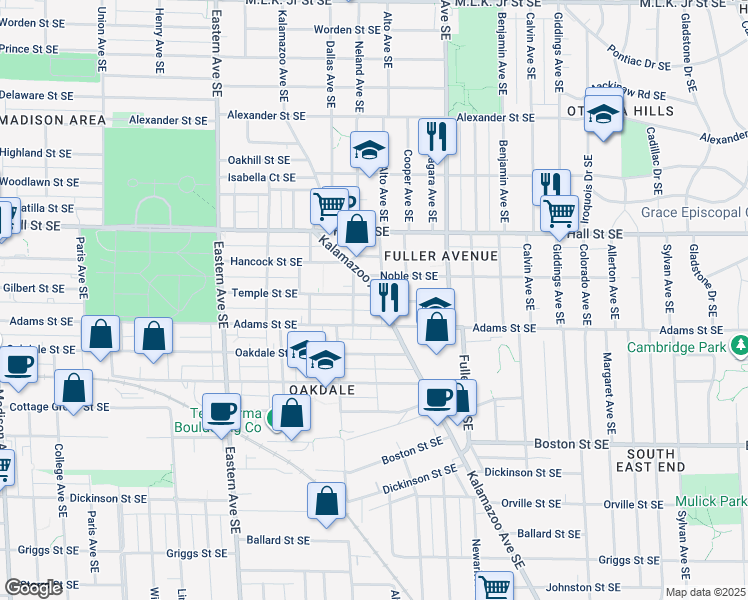 map of restaurants, bars, coffee shops, grocery stores, and more near 1058 Temple Street Southeast in Grand Rapids