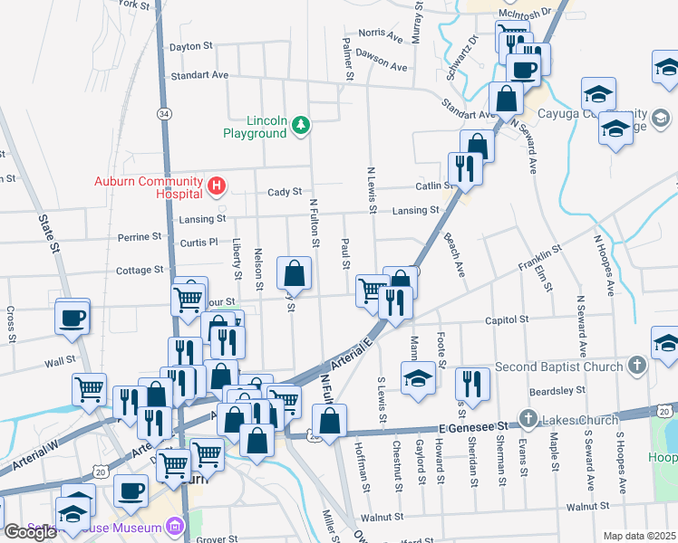 map of restaurants, bars, coffee shops, grocery stores, and more near 9 Paul St in Auburn