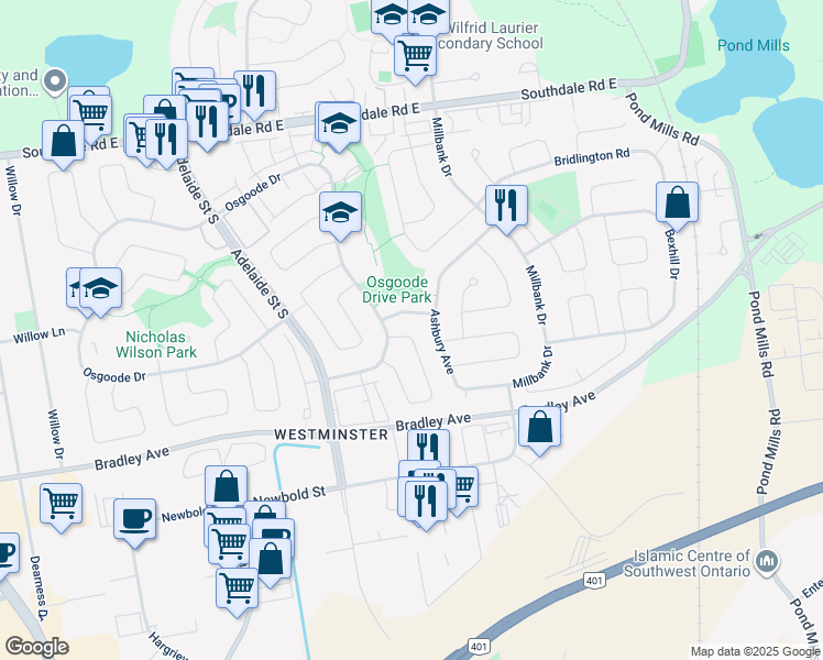 map of restaurants, bars, coffee shops, grocery stores, and more near 9 Woodrow Crescent in London
