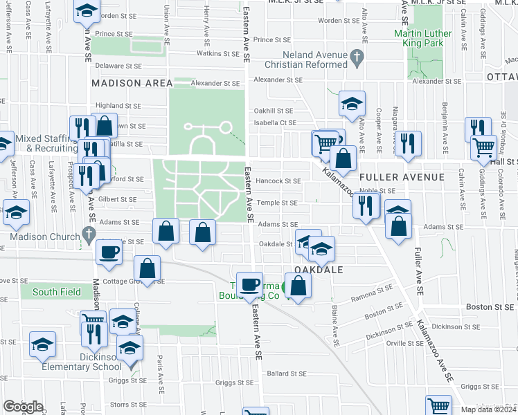 map of restaurants, bars, coffee shops, grocery stores, and more near 814 Temple Street Southeast in Grand Rapids