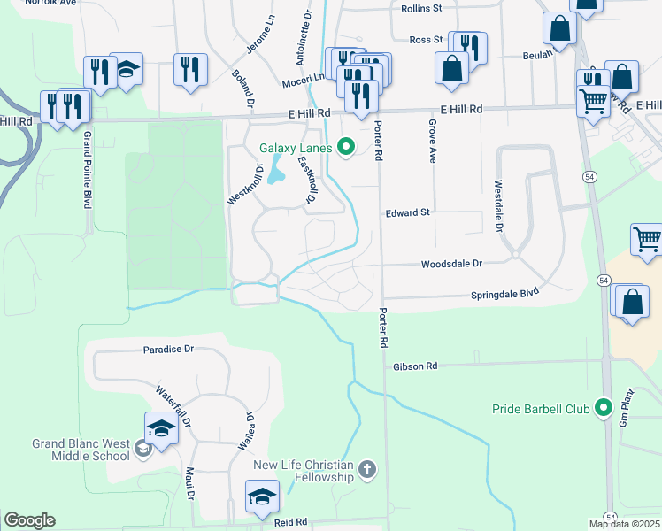 map of restaurants, bars, coffee shops, grocery stores, and more near 2168 Fox Hill Drive in Grand Blanc Township