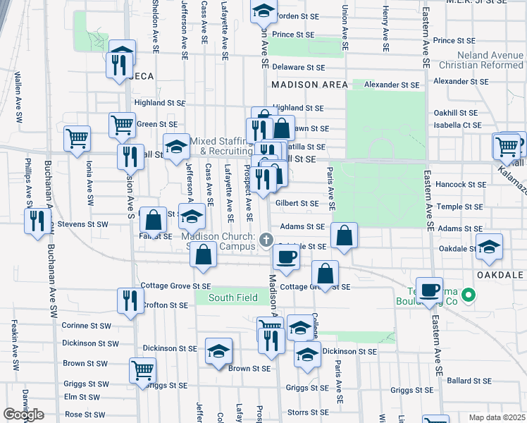 map of restaurants, bars, coffee shops, grocery stores, and more near 1309 Madison Avenue Southeast in Grand Rapids