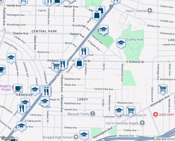 map of restaurants, bars, coffee shops, grocery stores, and more near 23 Bennett Village Terrace in Buffalo