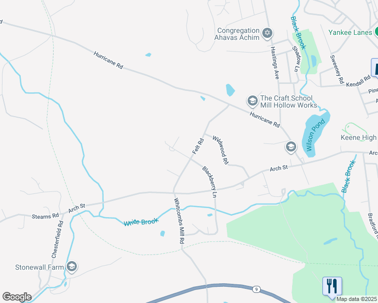 map of restaurants, bars, coffee shops, grocery stores, and more near 38 Felt Road in Keene