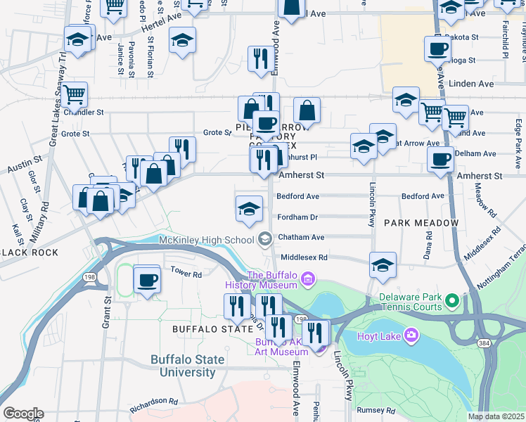 map of restaurants, bars, coffee shops, grocery stores, and more near 1550 Elmwood Avenue in Buffalo