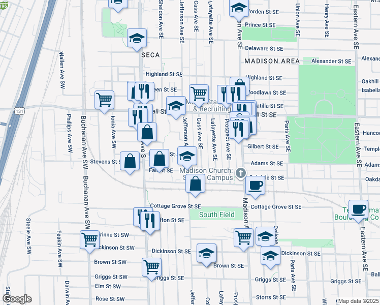 map of restaurants, bars, coffee shops, grocery stores, and more near 1318 Jefferson Avenue Southeast in Grand Rapids