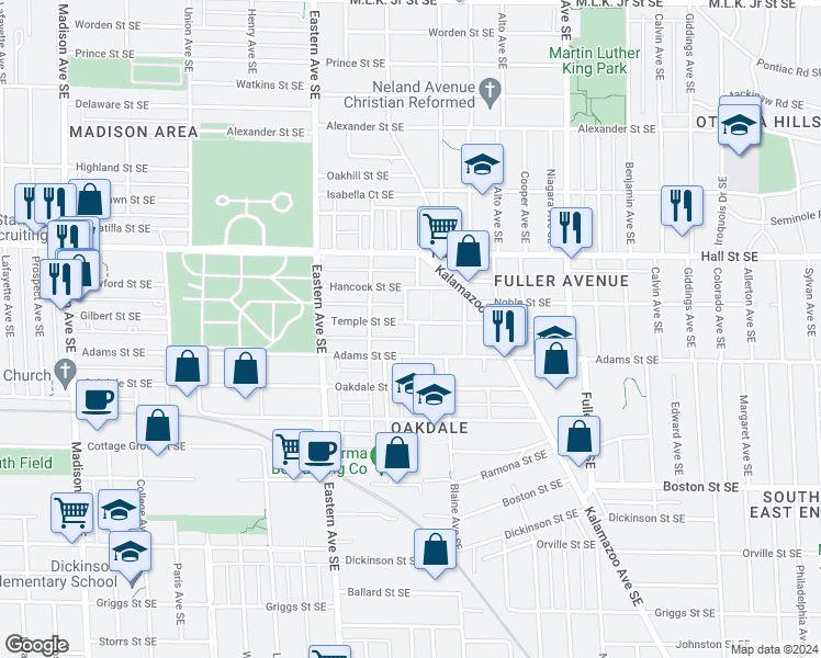 map of restaurants, bars, coffee shops, grocery stores, and more near 940 Temple St SE in Grand Rapids