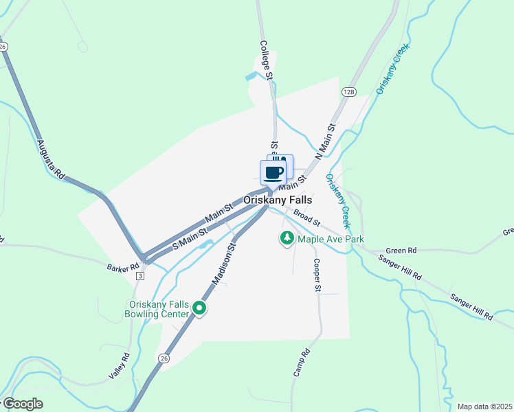 map of restaurants, bars, coffee shops, grocery stores, and more near 104 South Main Street in Oriskany Falls