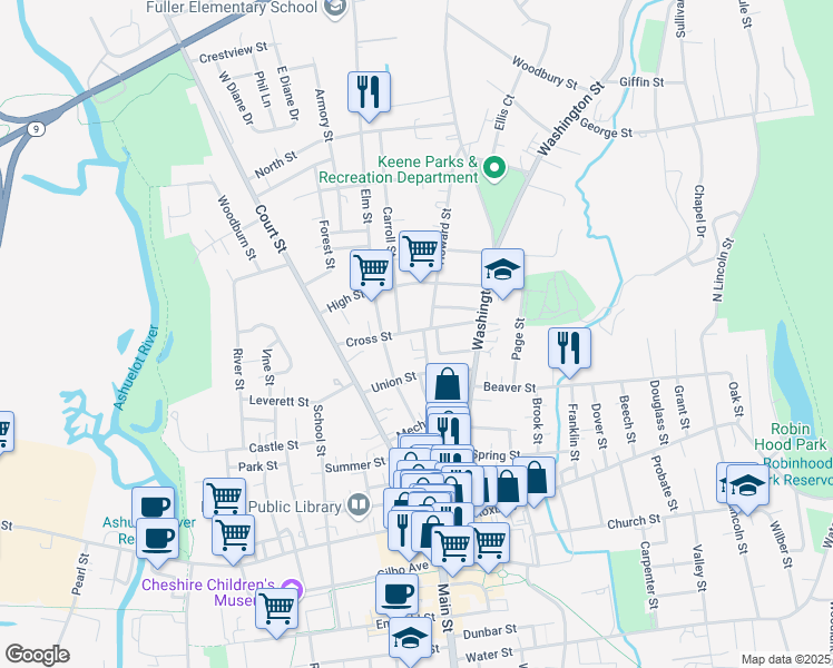 map of restaurants, bars, coffee shops, grocery stores, and more near 40 Green Street in Keene