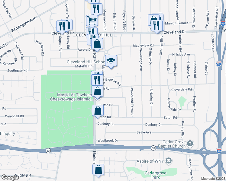 map of restaurants, bars, coffee shops, grocery stores, and more near 65 Huth Road in Cheektowaga