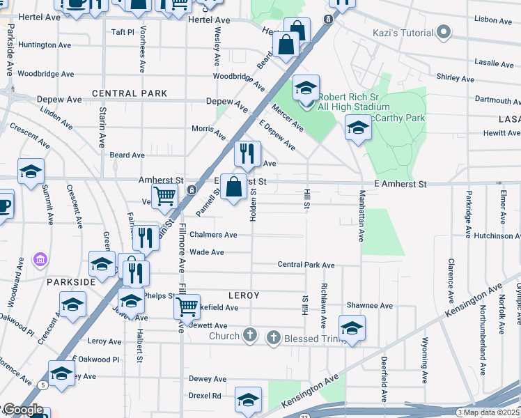 map of restaurants, bars, coffee shops, grocery stores, and more near 23 Bennett Village Terrace in Buffalo