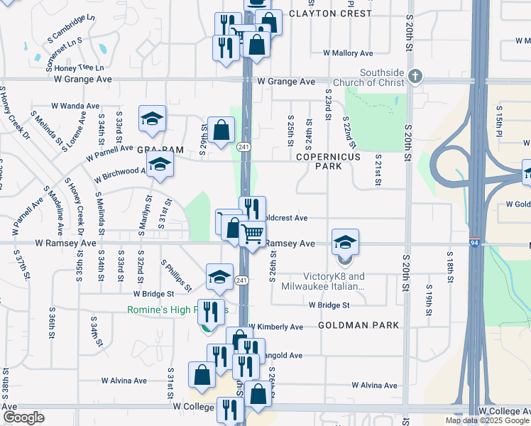 map of restaurants, bars, coffee shops, grocery stores, and more near 2602 West Goldcrest Avenue in Milwaukee