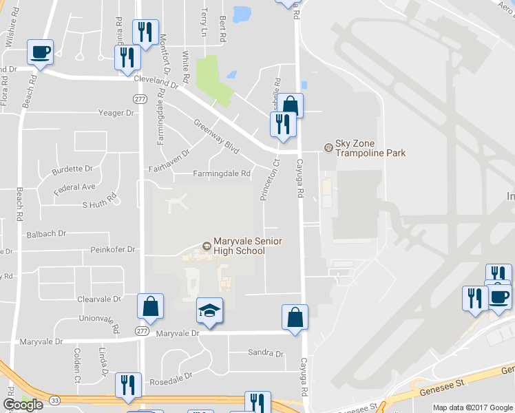map of restaurants, bars, coffee shops, grocery stores, and more near 110 Princeton Court in Buffalo