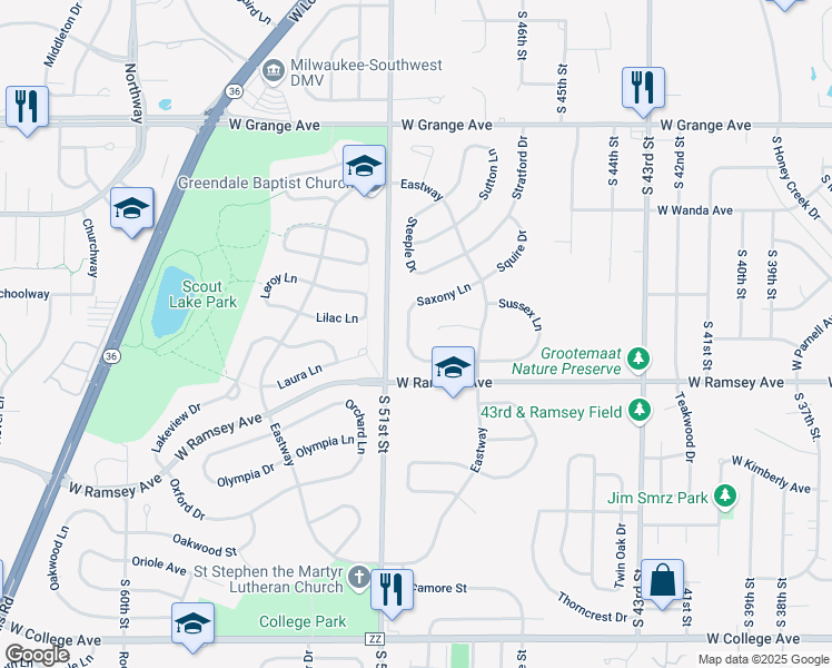 map of restaurants, bars, coffee shops, grocery stores, and more near 5010 Saxony Lane in Greendale