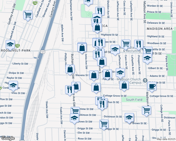 map of restaurants, bars, coffee shops, grocery stores, and more near 1318 Ionia Avenue Southwest in Grand Rapids