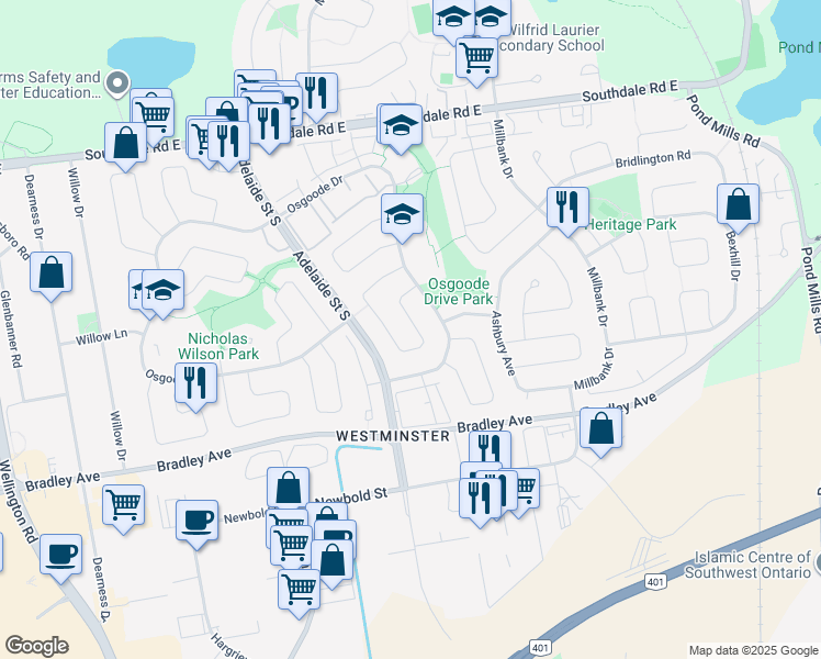 map of restaurants, bars, coffee shops, grocery stores, and more near 107 Harding Crescent in London