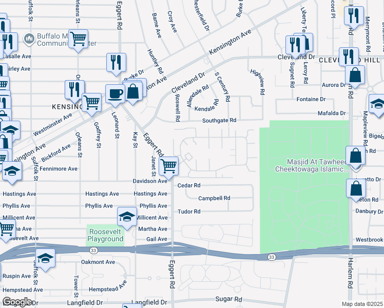 map of restaurants, bars, coffee shops, grocery stores, and more near 29 Kendale Road in Cheektowaga