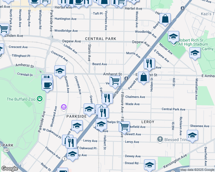 map of restaurants, bars, coffee shops, grocery stores, and more near 60 Vernon Place in Buffalo