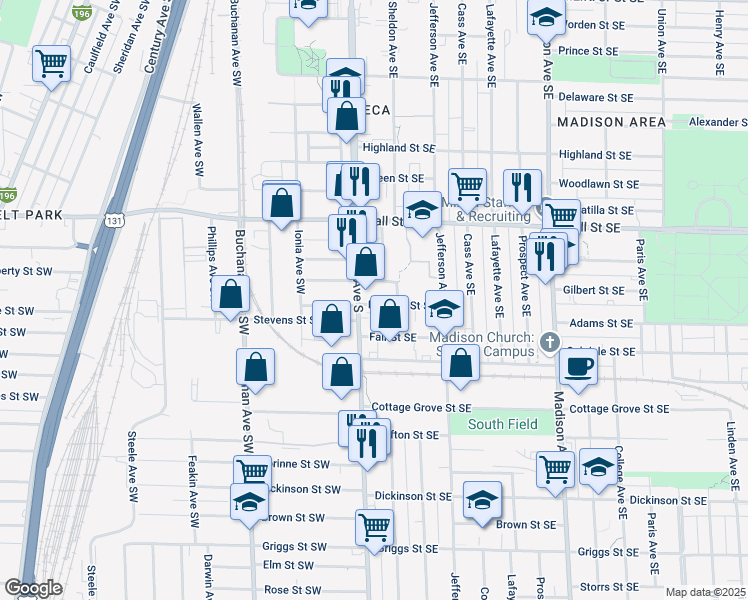map of restaurants, bars, coffee shops, grocery stores, and more near 17 La Belle Street Southeast in Grand Rapids