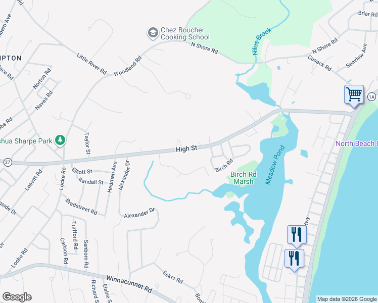 map of restaurants, bars, coffee shops, grocery stores, and more near 409 High Street in Hampton