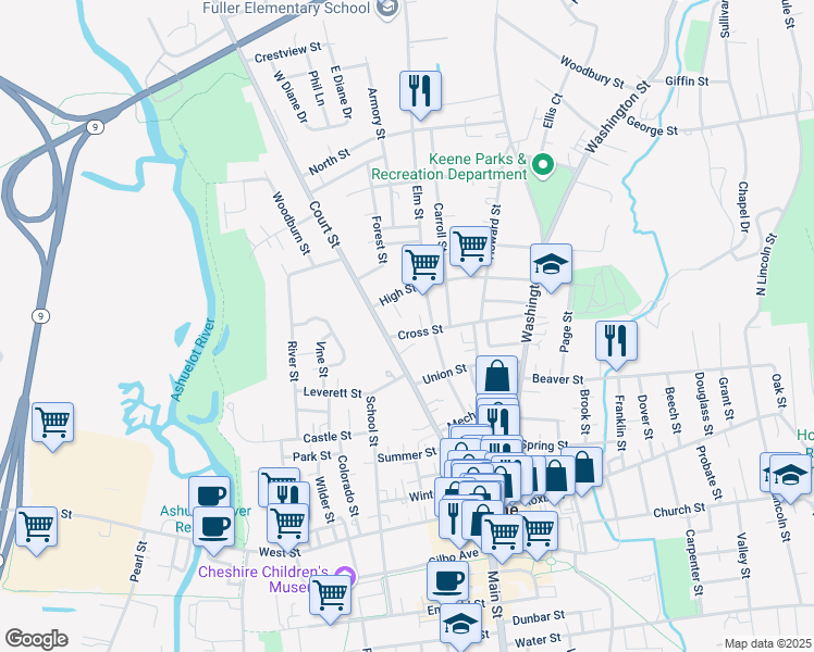map of restaurants, bars, coffee shops, grocery stores, and more near 183 Court Street in Keene