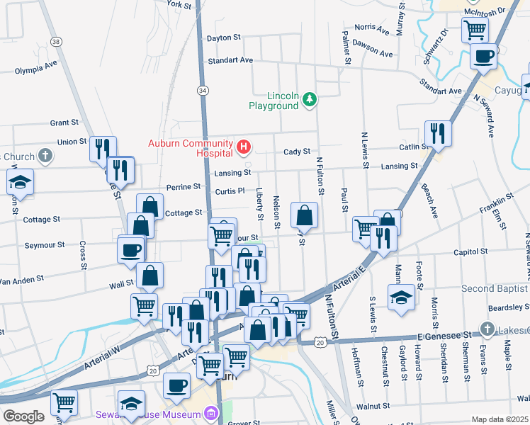 map of restaurants, bars, coffee shops, grocery stores, and more near 43 Nelson Street in Auburn